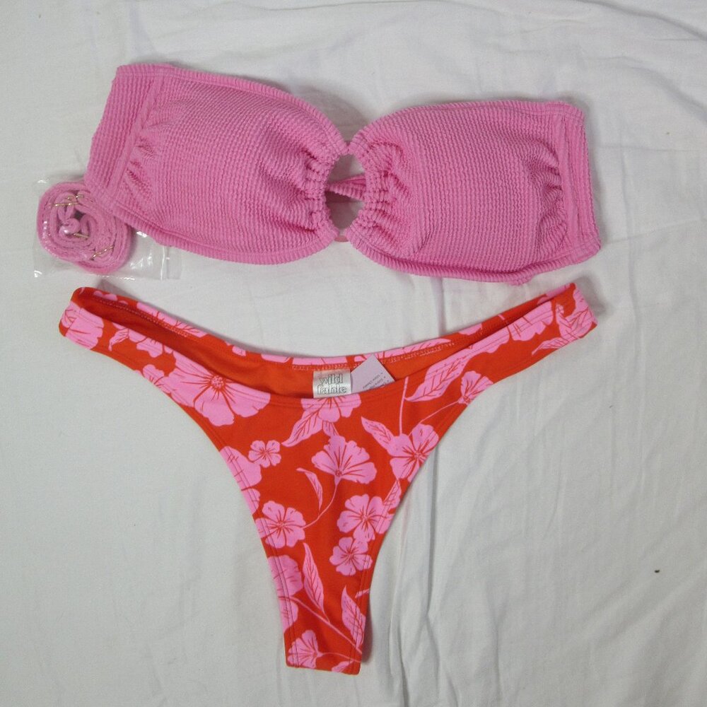 wild fable 2 Piece Bikini Pink and Red Bandeau Cheeky Size Large NWT